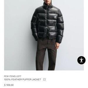 Zara Men's Black 100% Feather Puffer Jacket- Men’s Large. NWT.